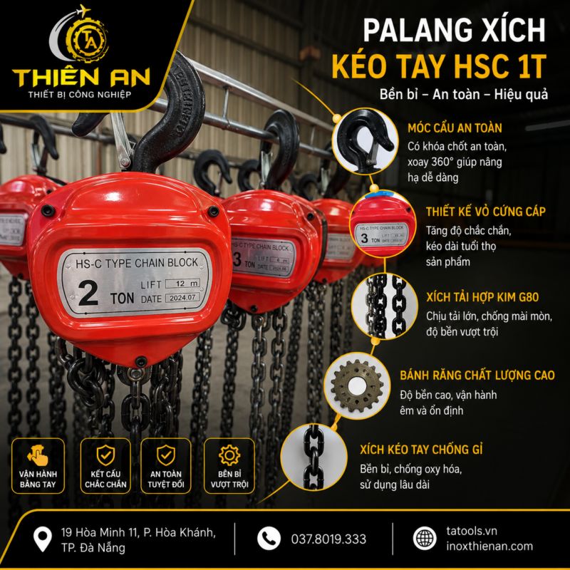Palang xích kéo tay HSC là dòng pa lăng xích kéo tay vận hành hoàn toàn bằng cơ học, không sử dụng điện.