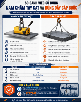 So sánh việc sử dụng nam châm tay gạt và dùng dây cáp buộc