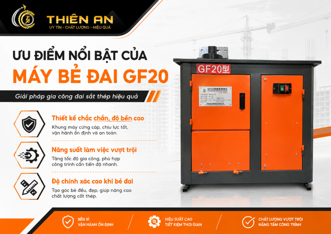 Máy bẻ đai sắt thép mạnh mẽ GF20 có phần khung máy được chế tạo chắc chắn, chịu lực tốt, giúp máy ổn định trong quá trình vận hành. 