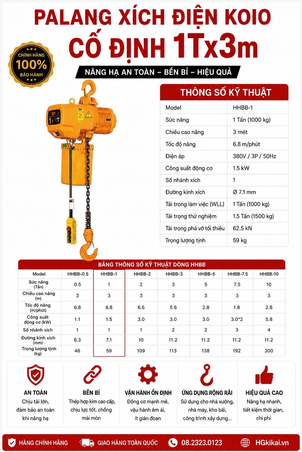Pa lăng xích điện KOIO cố định chính hãng | Giá tốt, nâng hạ an toàn 2 Pa lăng xích điện KOIO cố định
